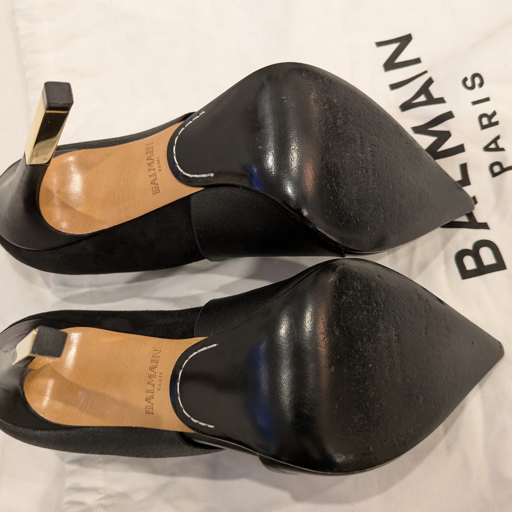 Balmain Black Pointed Toe Stiletto Heel Pumps with Gold Accent - Picture 8 of 9